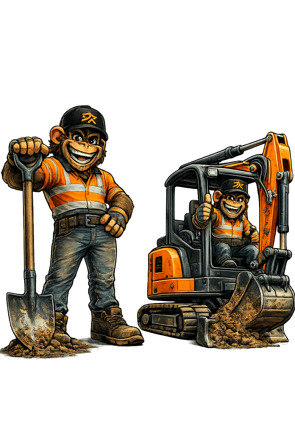 Dig Ready mascot with a shovel and excavator